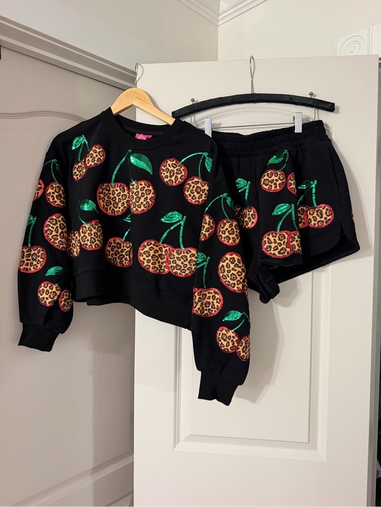 QUEEN OF SPARKLES Tops - Queen of Sparkles Black Cherry Print Sweatshirt and Shorts Set